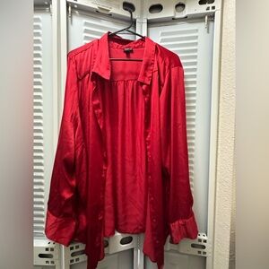 Red Satin Button-Up Blouse